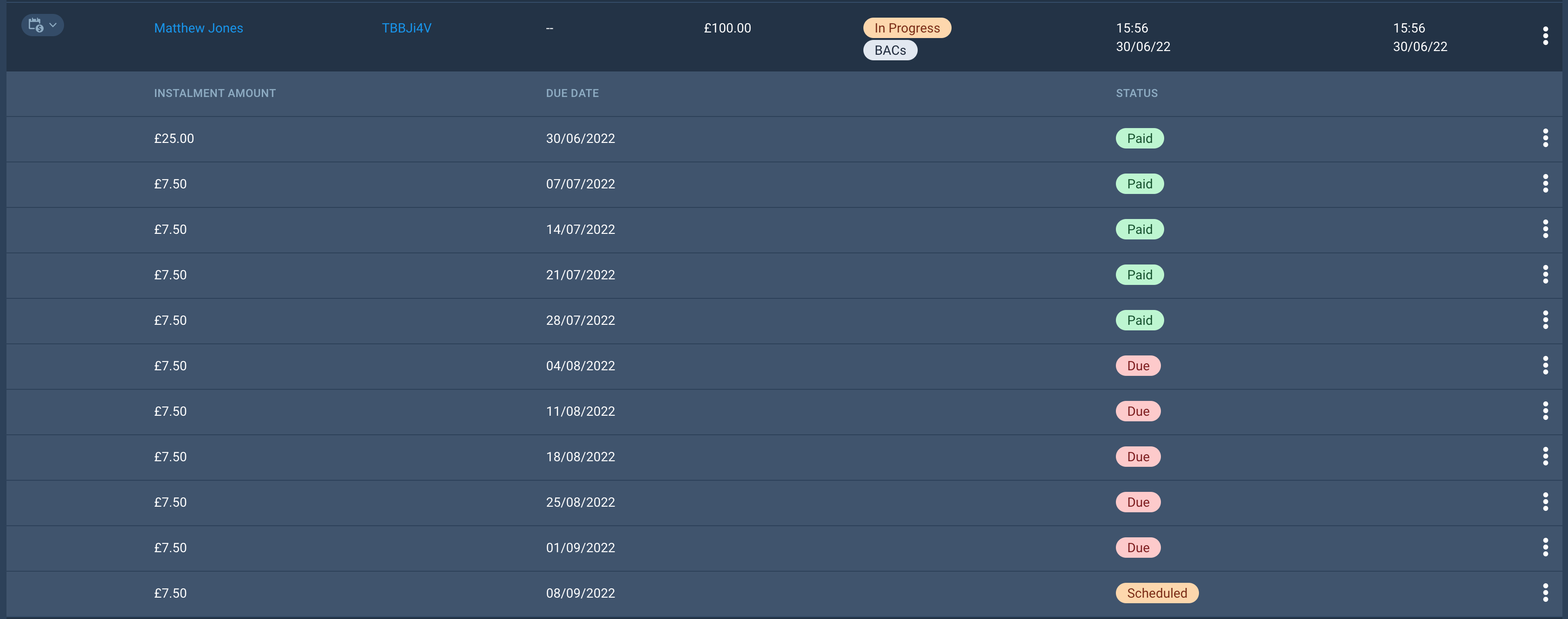 A list of instalments for an order, shown after clicking the instalments icon